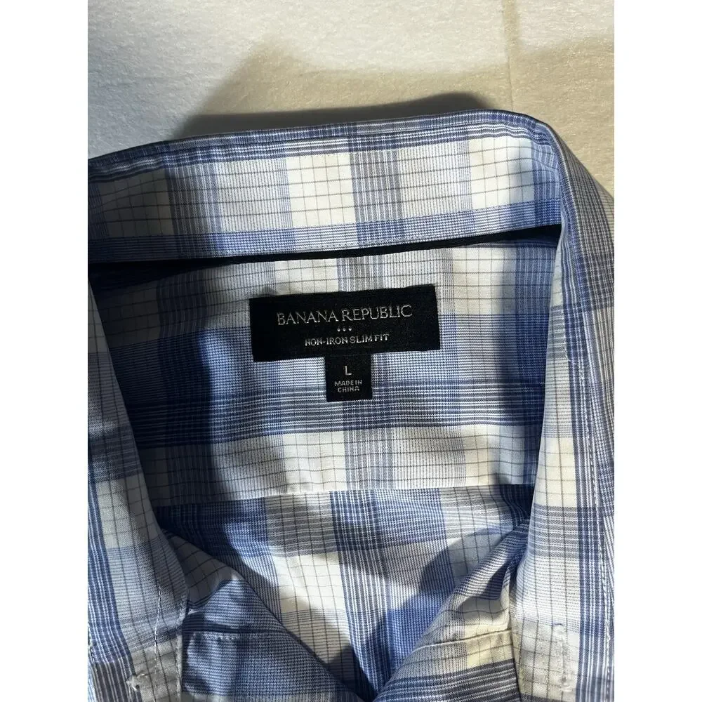 Banana Republic Mens L Non Iron Slim Fit Dress Shirt Blue White Plaid Long Sleev